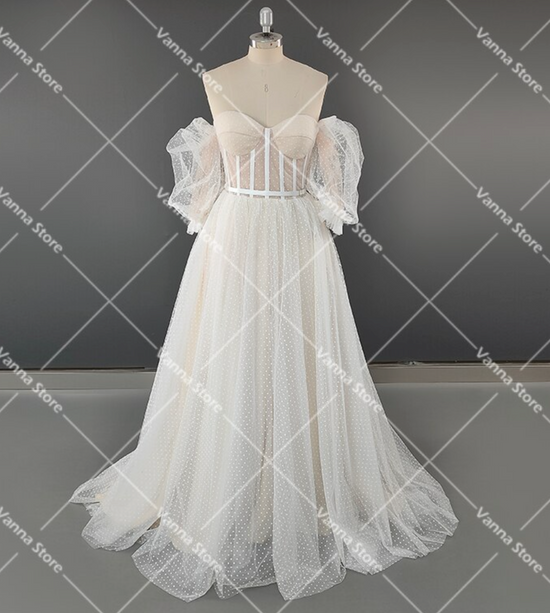 Lantern Sleeve Sweetheart Polka Dot Tulle A Line Wedding Dress