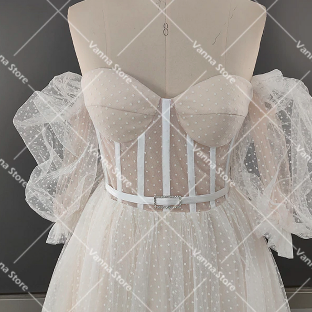 
                      
                        Lantern Sleeve Sweetheart Polka Dot Tulle A Line Wedding Dress
                      
                    