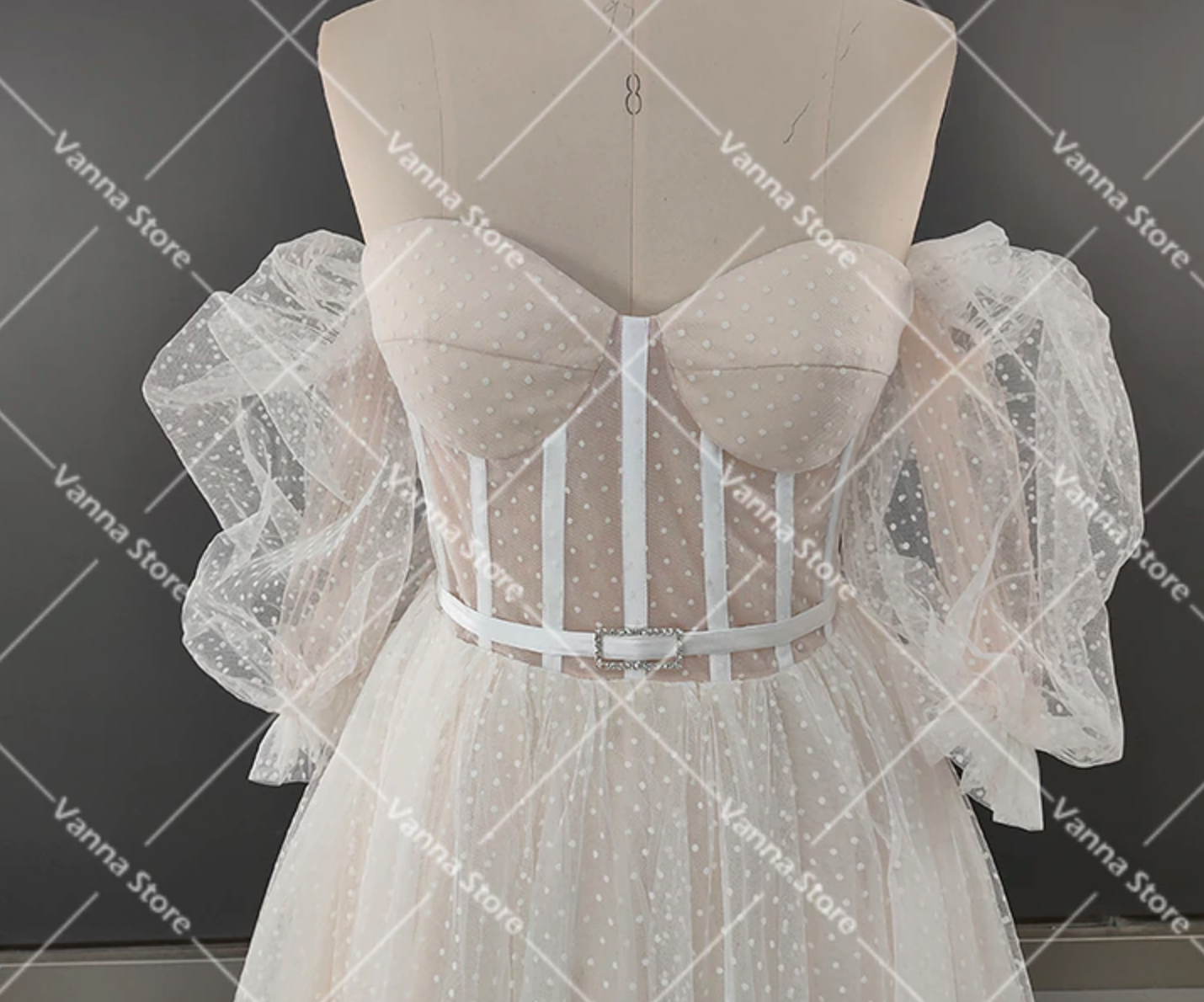 Lantern Sleeve Sweetheart Polka Dot Tulle A Line Wedding Dress