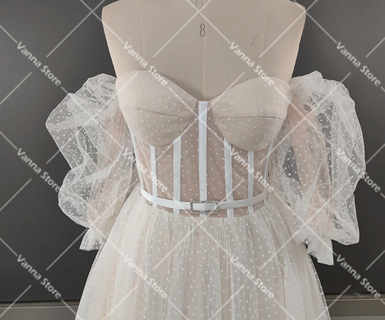 Lantern Sleeve Sweetheart Polka Dot Tulle A Line Wedding Dress