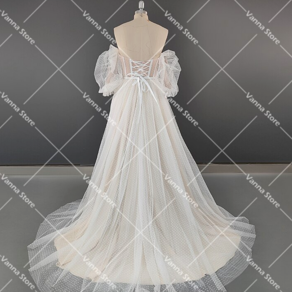
                      
                        Lantern Sleeve Sweetheart Polka Dot Tulle A Line Wedding Dress
                      
                    