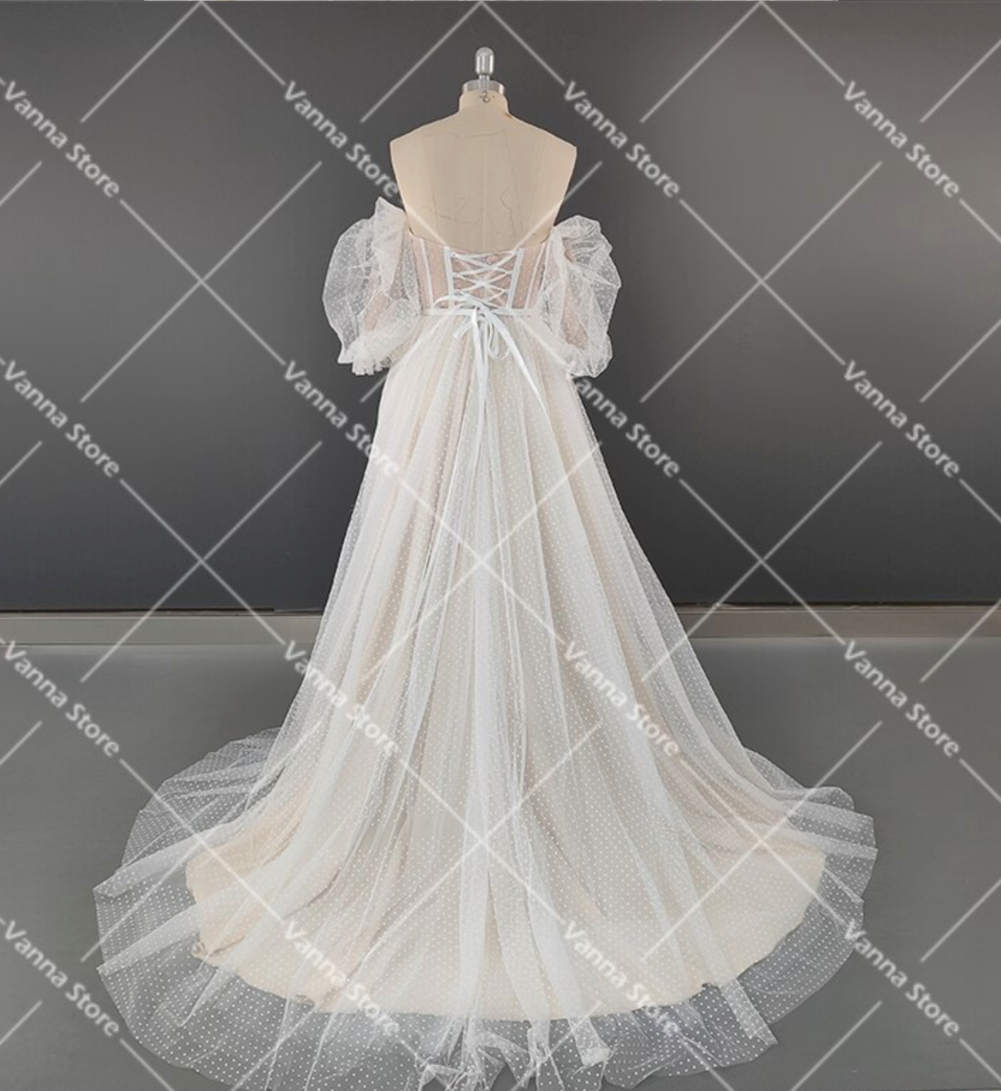 Lantern Sleeve Sweetheart Polka Dot Tulle A Line Wedding Dress