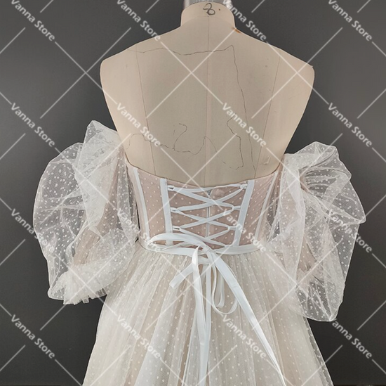 Lantern Sleeve Sweetheart Polka Dot Tulle A Line Wedding Dress