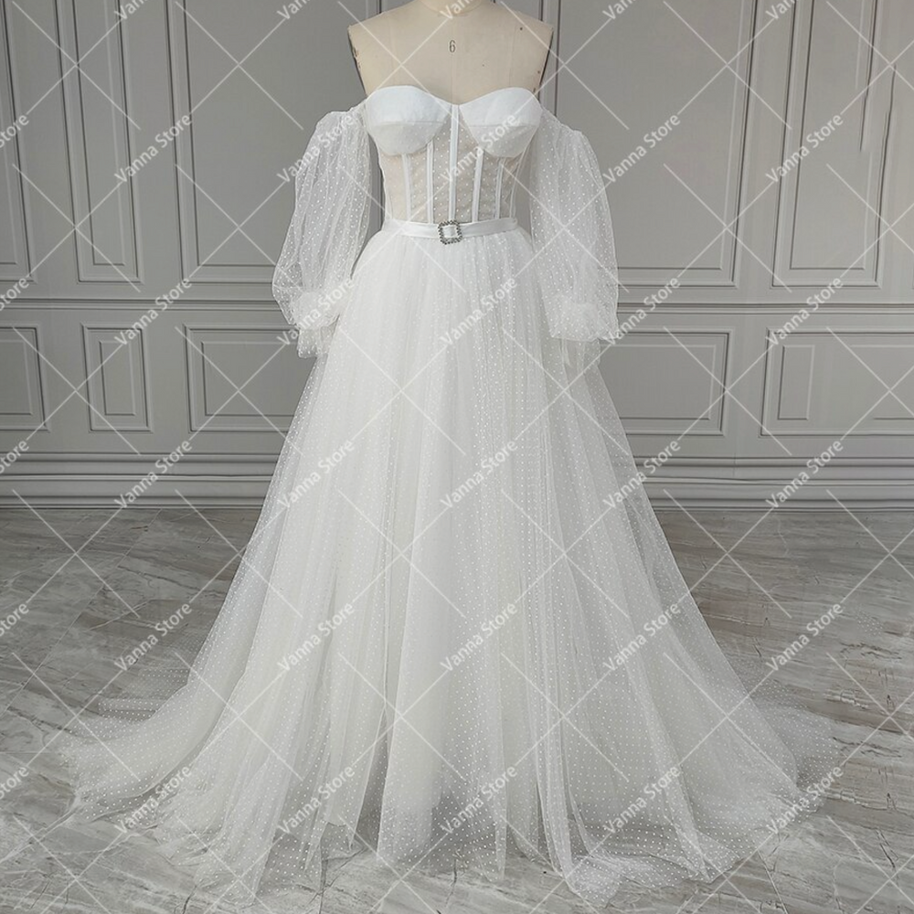 
                      
                        Lantern Sleeve Sweetheart Polka Dot Tulle A Line Wedding Dress
                      
                    