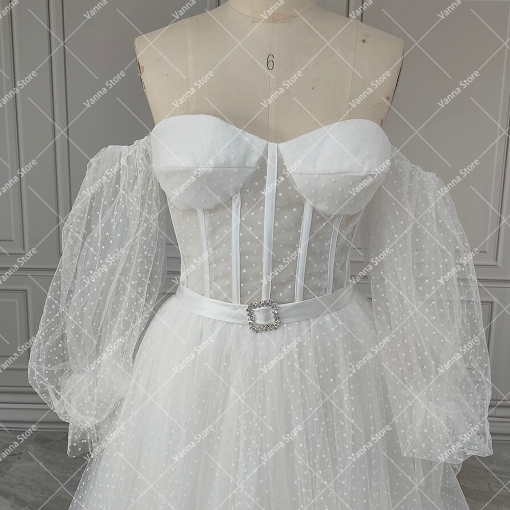 
                      
                        Lantern Sleeve Sweetheart Polka Dot Tulle A Line Wedding Dress
                      
                    