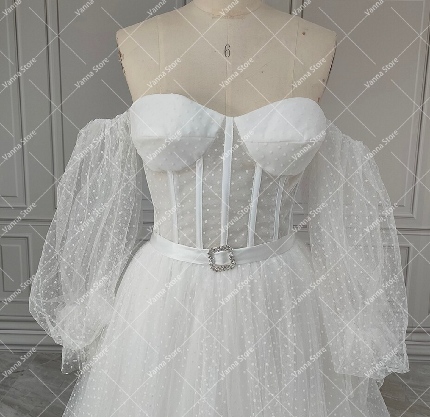 Lantern Sleeve Sweetheart Polka Dot Tulle A Line Wedding Dress