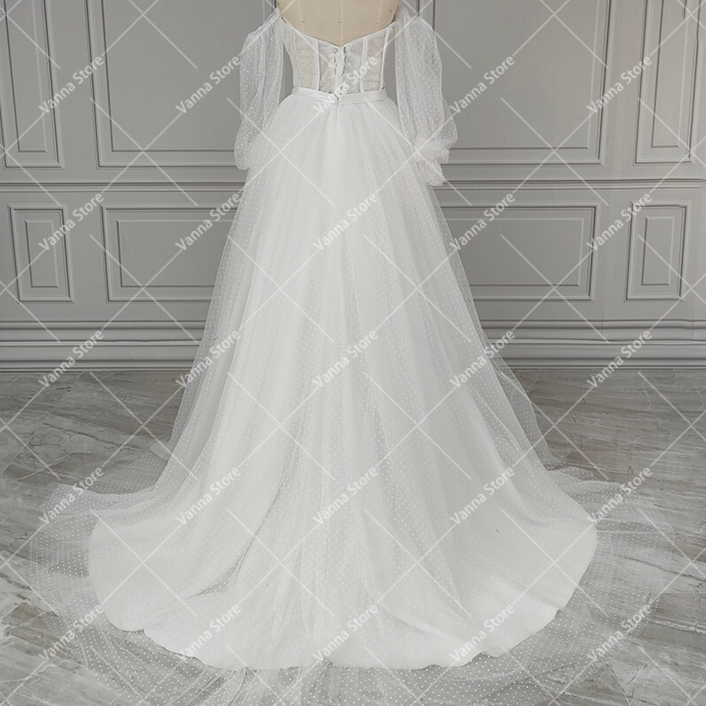 
                      
                        Lantern Sleeve Sweetheart Polka Dot Tulle A Line Wedding Dress
                      
                    