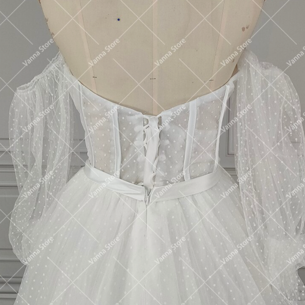 
                      
                        Lantern Sleeve Sweetheart Polka Dot Tulle A Line Wedding Dress
                      
                    