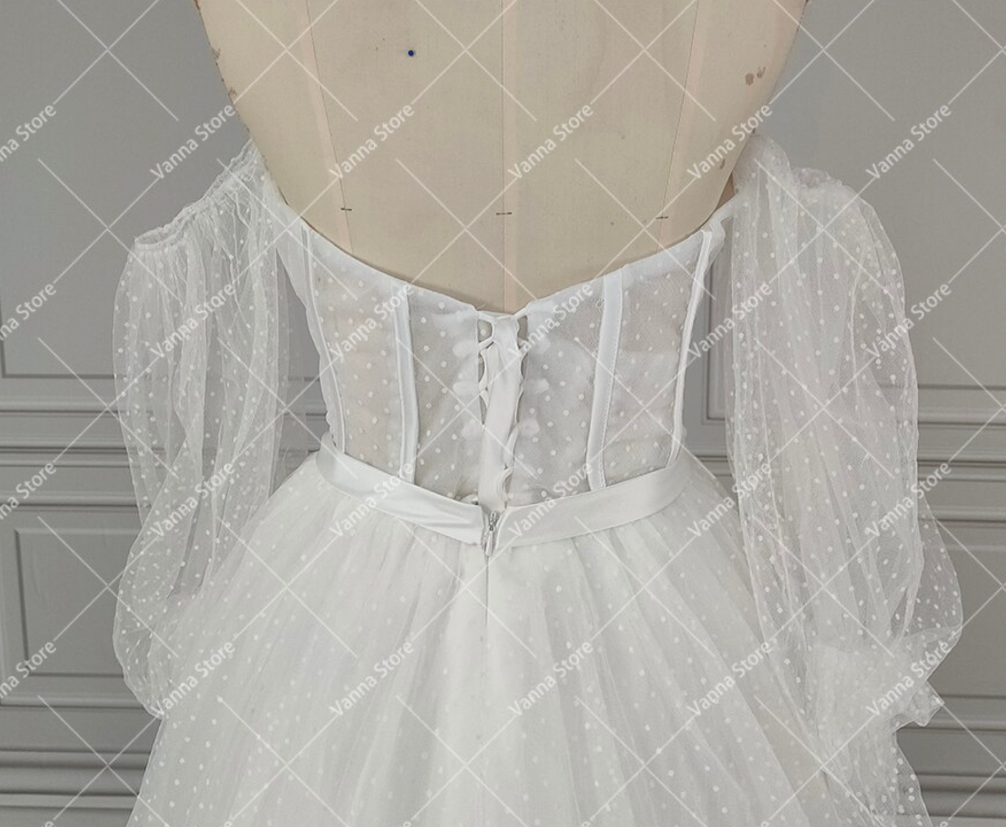 Load image into Gallery viewer, Lantern Sleeve Sweetheart Polka Dot Tulle A Line Wedding Dress
