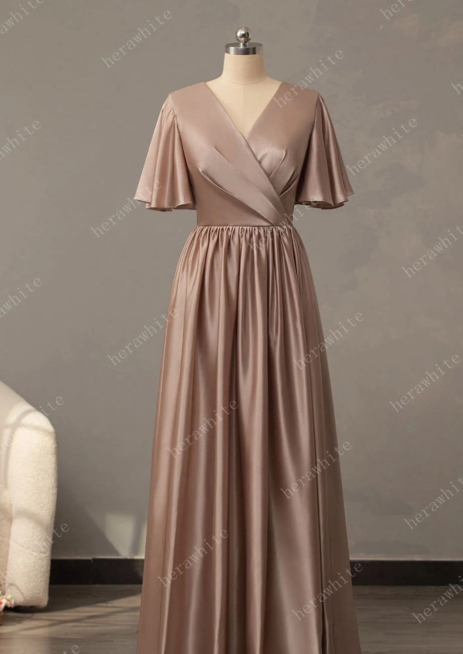 V-Neck Long Short Sleeve Silk Satin Bridesmaid Dress