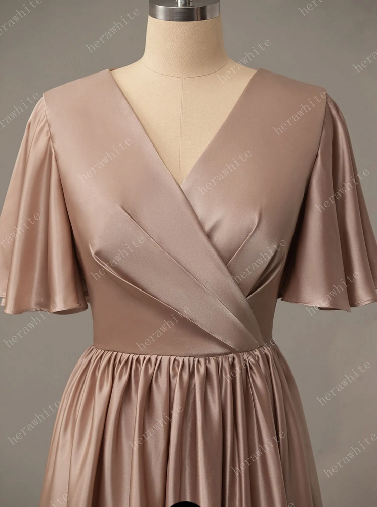 V-Neck Long Short Sleeve Silk Satin Bridesmaid Dress