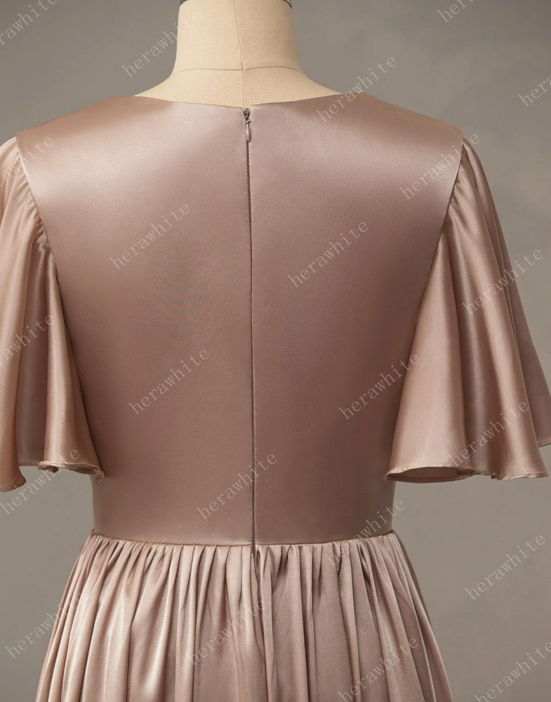 
                      
                        V-Neck Long Short Sleeve Silk Satin Bridesmaid Dress
                      
                    