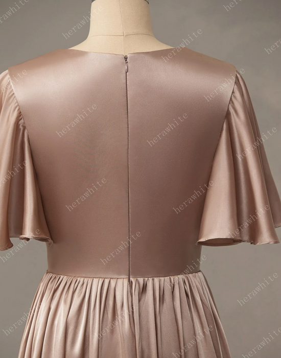 Load image into Gallery viewer, V-Neck Long Short Sleeve Silk Satin Bridesmaid Dress

