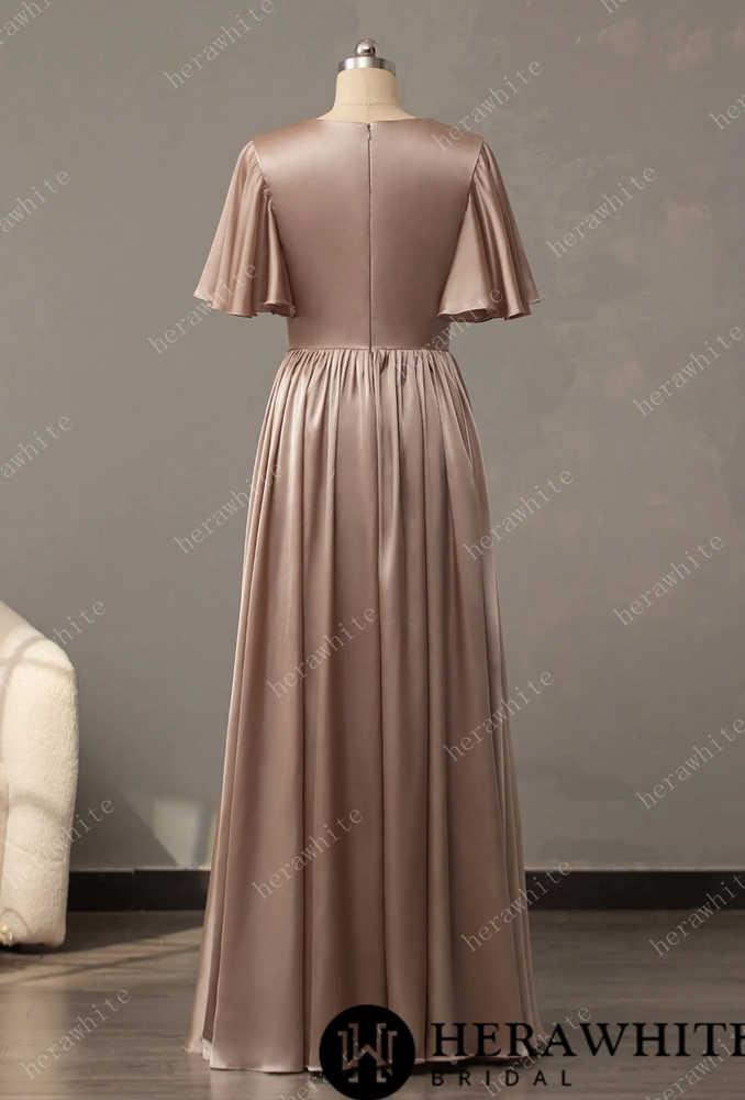 
                      
                        V-Neck Long Short Sleeve Silk Satin Bridesmaid Dress
                      
                    