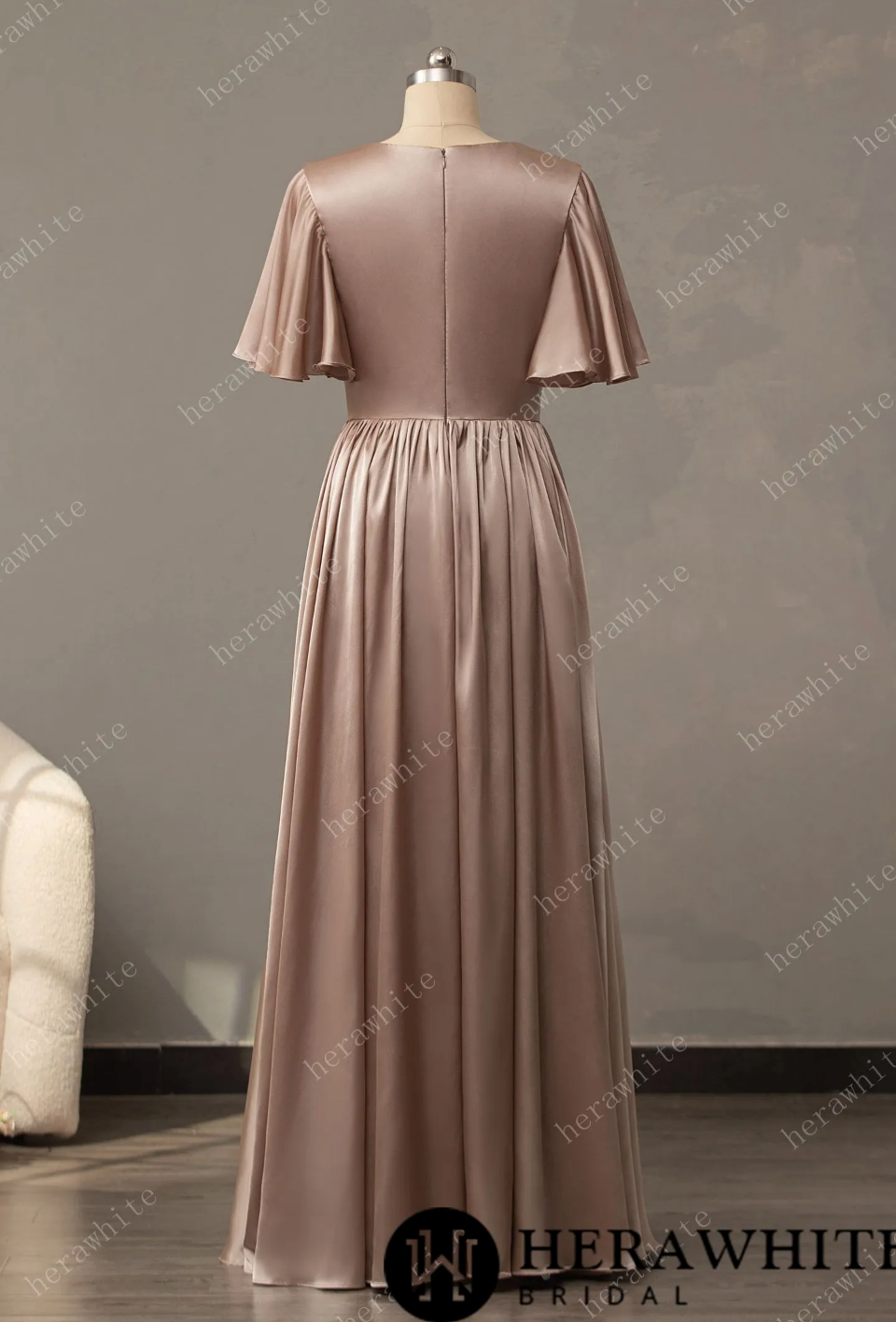 Load image into Gallery viewer, V-Neck Long Short Sleeve Silk Satin Bridesmaid Dress

