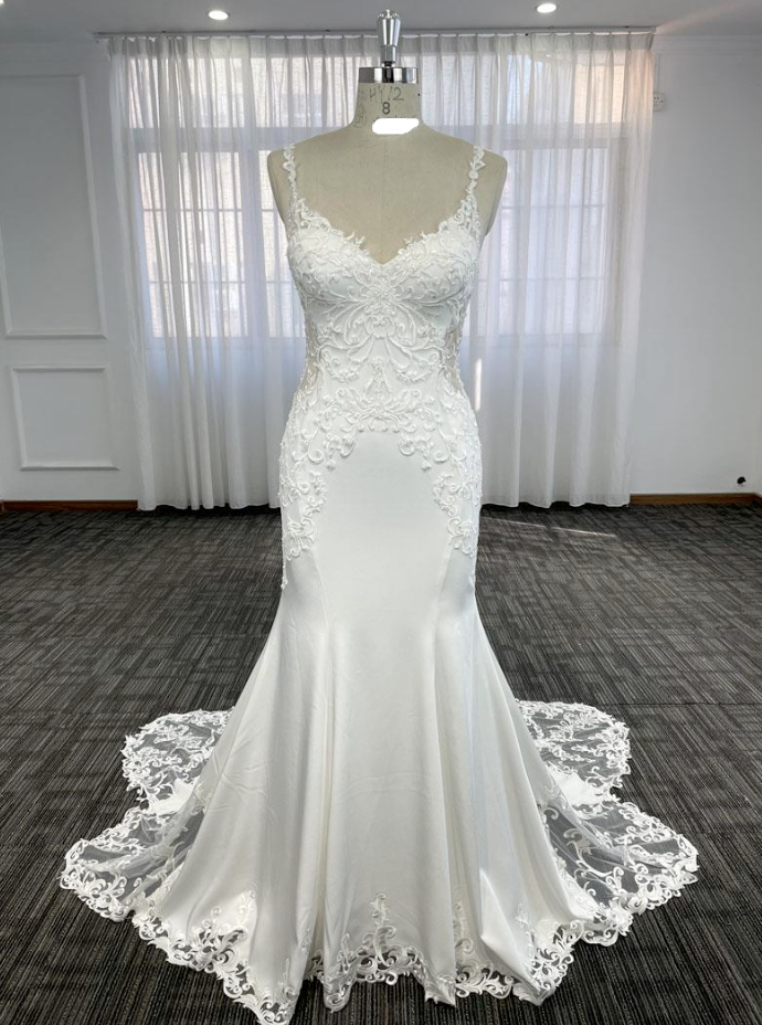 Luxurious Satin Lace Mermaid Backless Wedding Bridal Gown