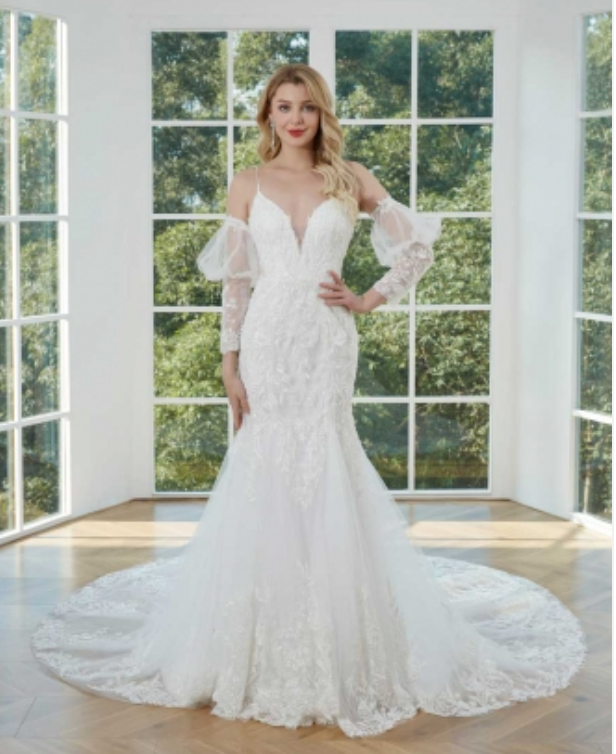 Deep V with Detachable Sleeves Tulle Lace Wedding Bridal Gown