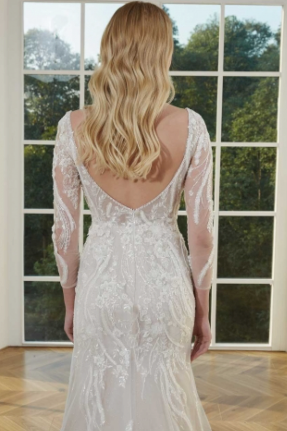 Beaded Lace Illusion Sleeve Deep Plunging V Neckline Tulle Bridal Wedding Gown