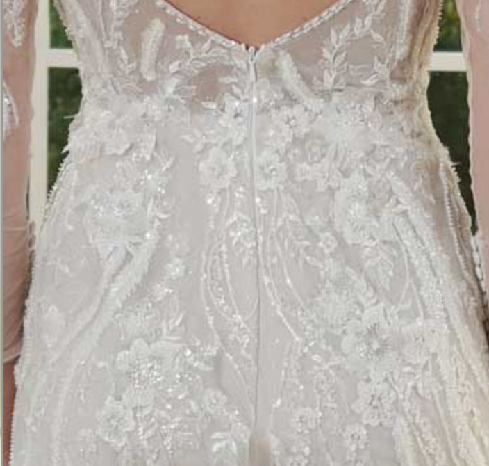 Beaded Lace Illusion Sleeve Deep Plunging V Neckline Tulle Bridal Wedding Gown
