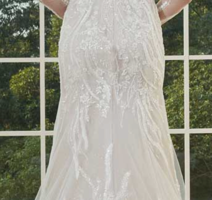 
                      
                        Beaded Lace Illusion Sleeve Deep Plunging V Neckline Tulle Bridal Wedding Gown
                      
                    