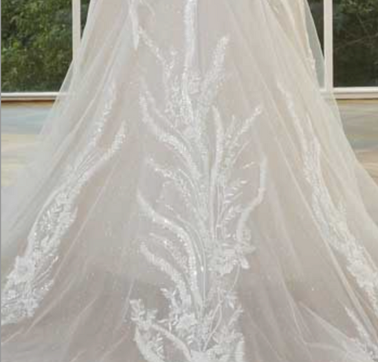 Beaded Lace Illusion Sleeve Deep Plunging V Neckline Tulle Bridal Wedding Gown