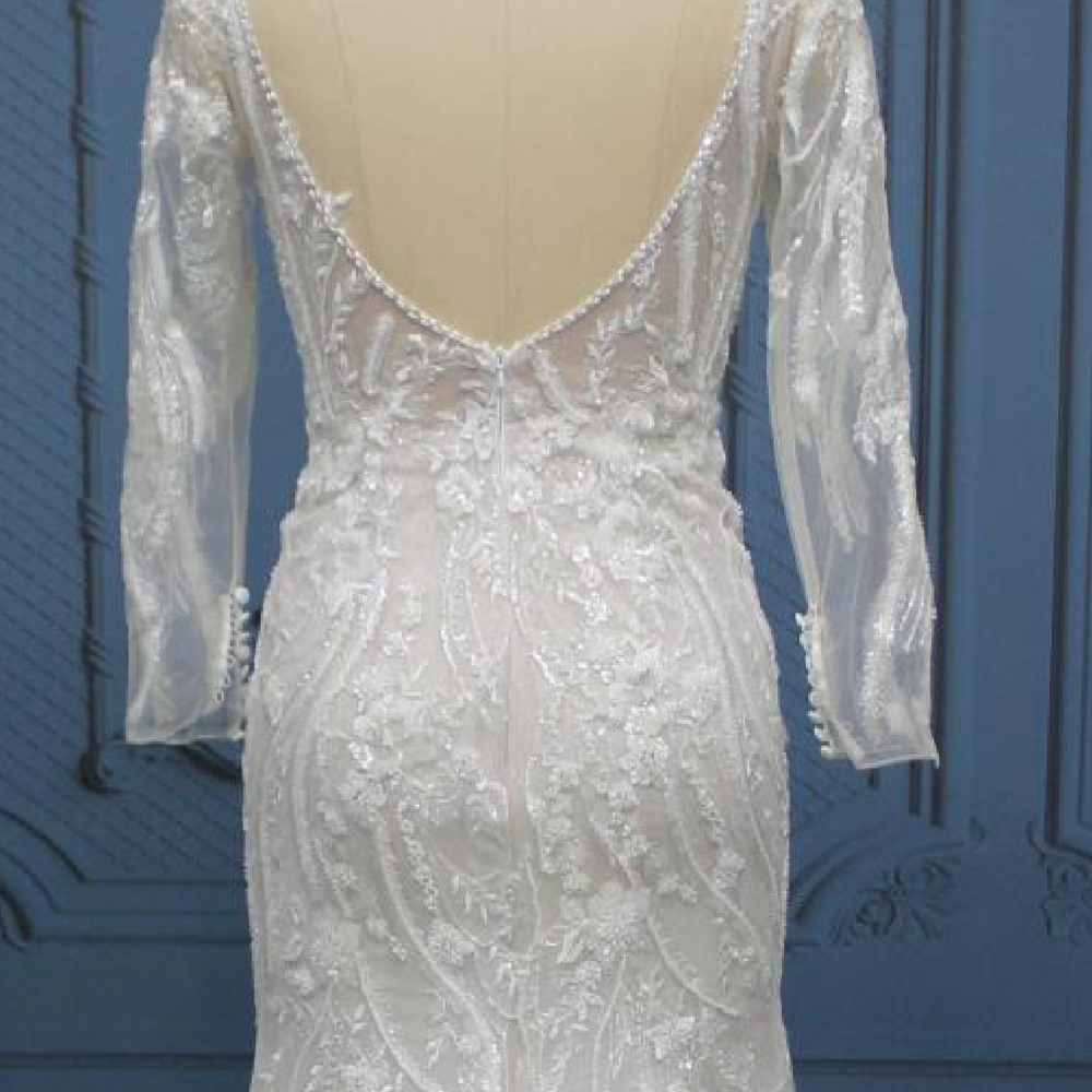 
                      
                        Beaded Lace Illusion Sleeve Deep Plunging V Neckline Tulle Bridal Wedding Gown
                      
                    