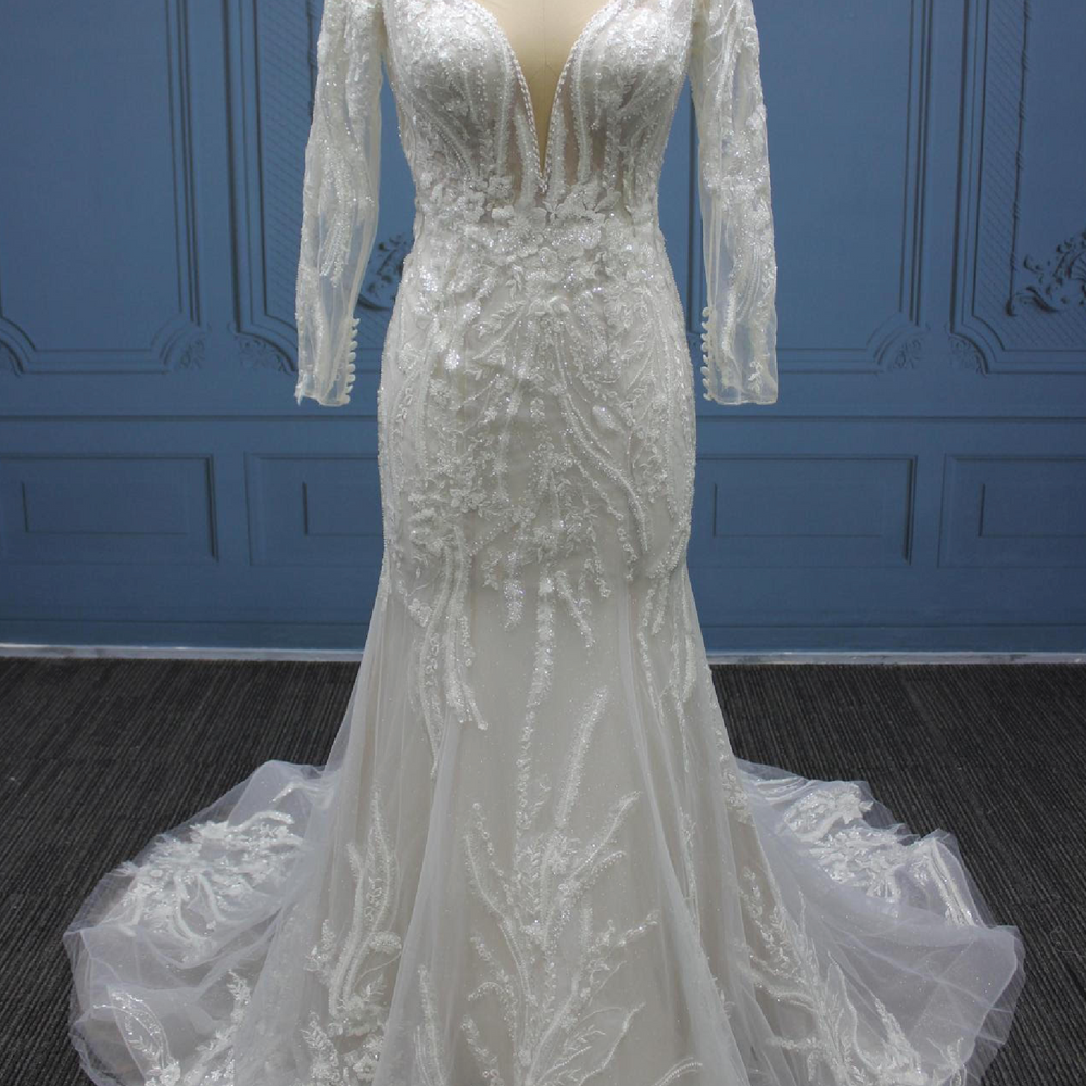 
                      
                        Beaded Lace Illusion Sleeve Deep Plunging V Neckline Tulle Bridal Wedding Gown
                      
                    