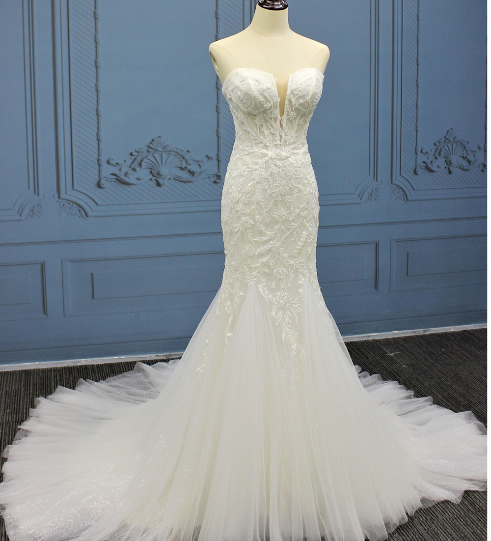 Sleeveless Beaded Lace Tulle Mermaid Fitted Bridal Wedding Gown