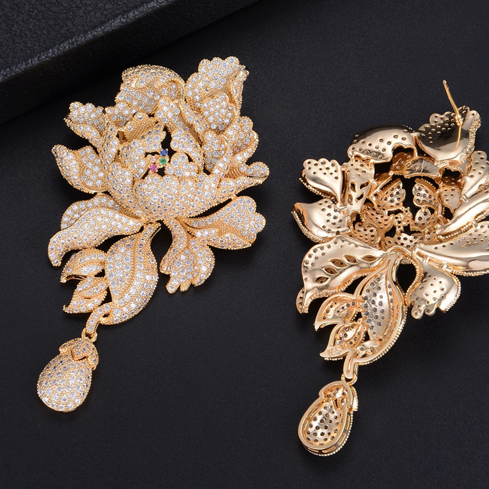 
                      
                        Luxury Peony Flower Blossom Cubic Zirconia Long Drop Wedding Bridal Earrings
                      
                    