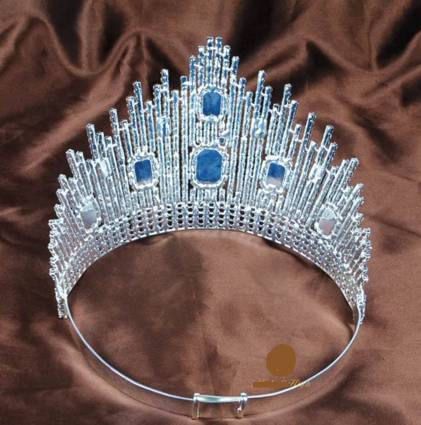 Amazing  Beauty Pageant Large Crown Blue Austrian Rhinestones Headband Fashion Jewelry
