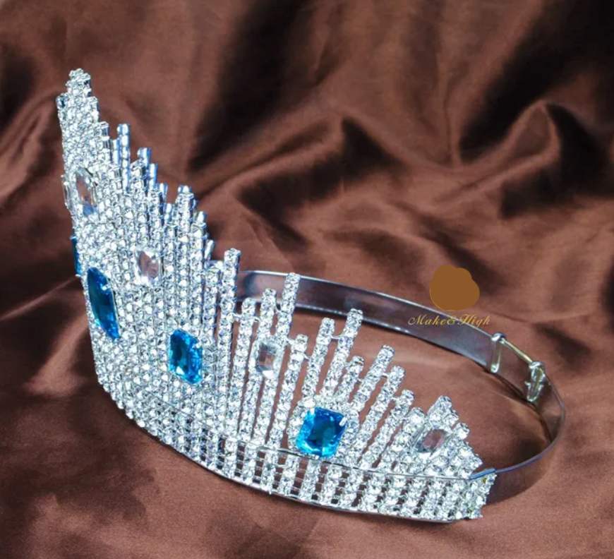 Amazing  Beauty Pageant Large Crown Blue Austrian Rhinestones Headband Fashion Jewelry