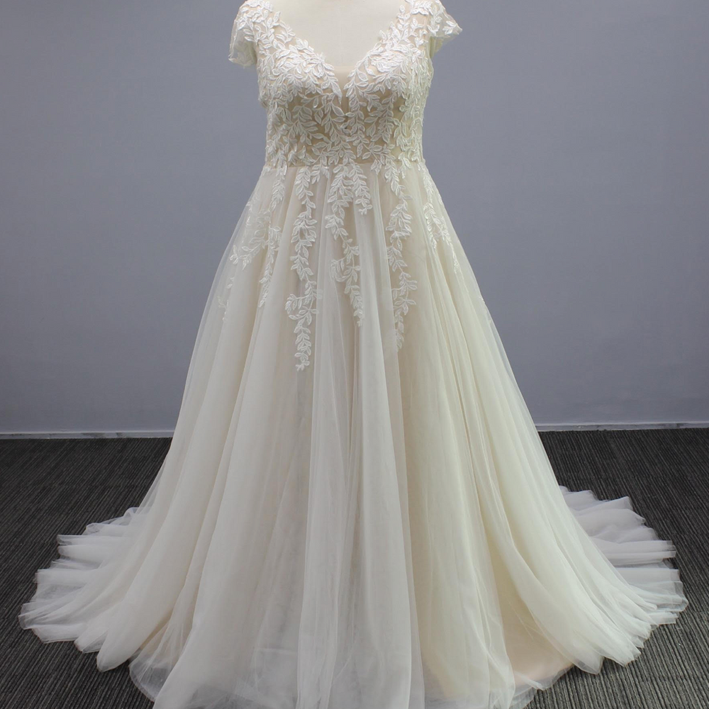 Plus Size Cut Tulle Cap Sleeve A Line Wedding Bridal Gown