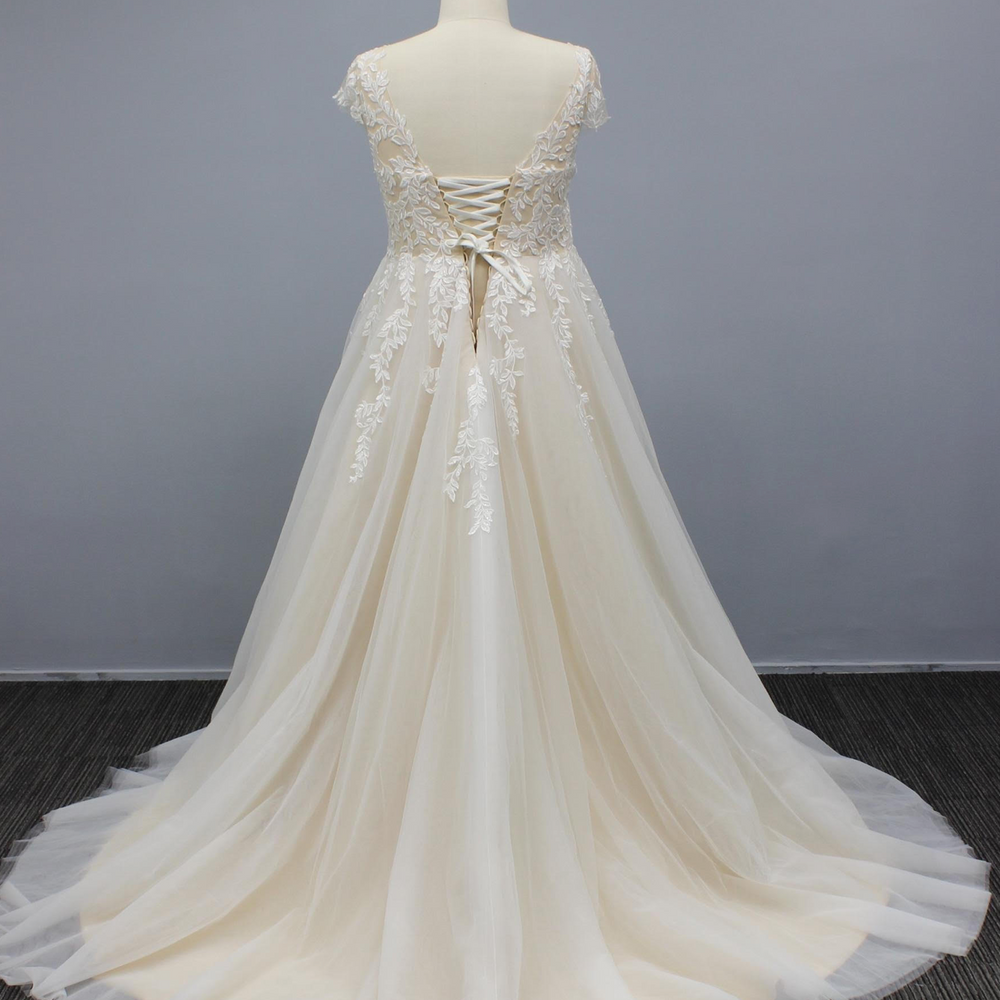 Plus Size Cut Tulle Cap Sleeve A Line Wedding Bridal Gown