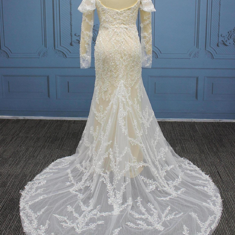 Beaded Mermaid Off  Shoulder Sleeve Wedding Bridal Gown