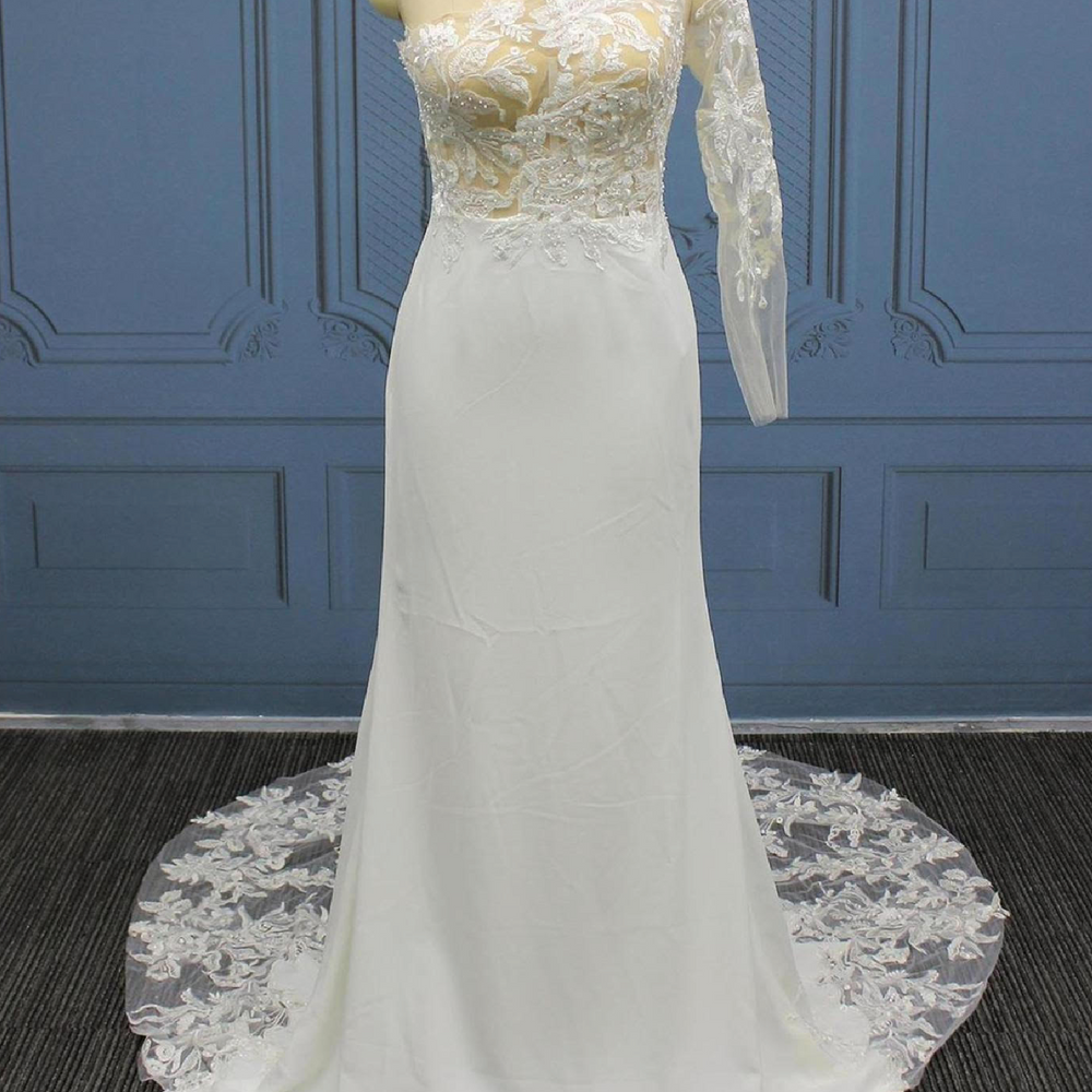 Pearl Beaded Lace Crepe Satin Lace Train Mermaid Wedding Gown