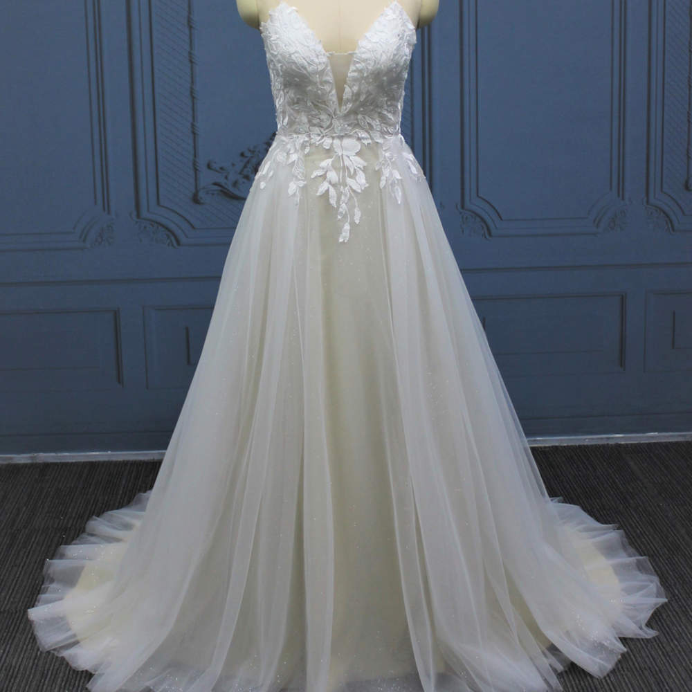 Glitter Tulle A Line Sleeveless Beaded Spaghetti Strap Wedding Gown