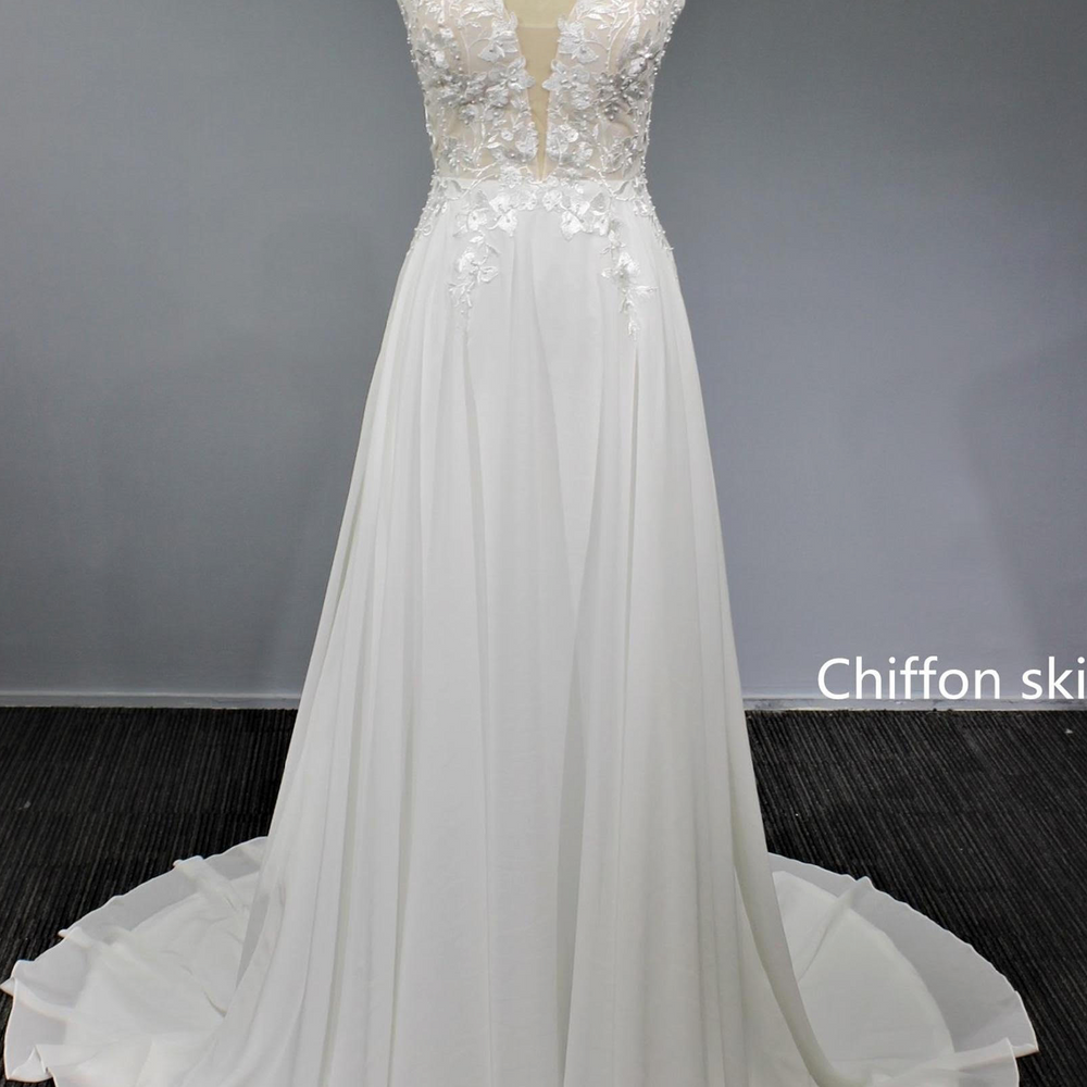 Pearl Beaded Lace Chiffon A Line Wedding Dress