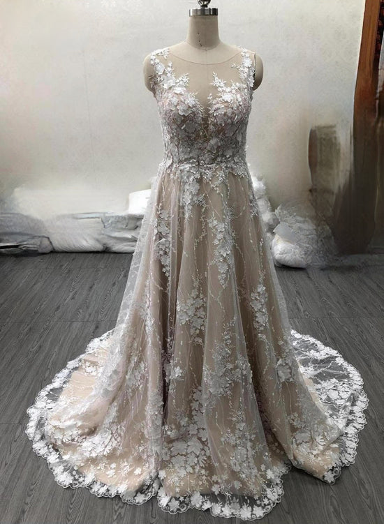 Romantic Sleeveless Flower Lace Tulle Bridal Dress Button Back Wedding Gown