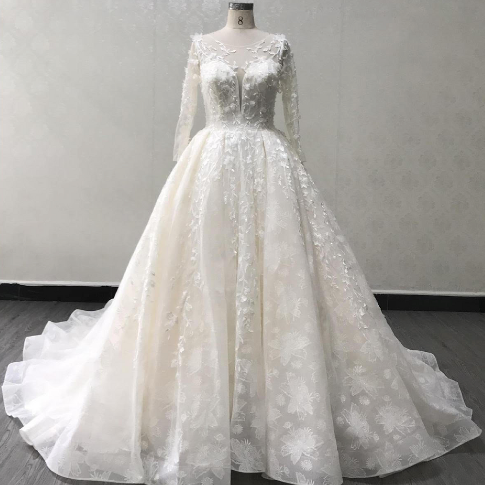 Illusion 3D Lace Pleated Skirt Bridal Gown Long Sleeve Wedding Dress