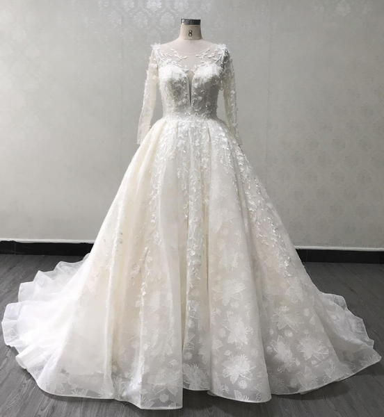 Illusion 3D Lace Pleated Skirt Bridal Gown Long Sleeve Wedding Dress ...