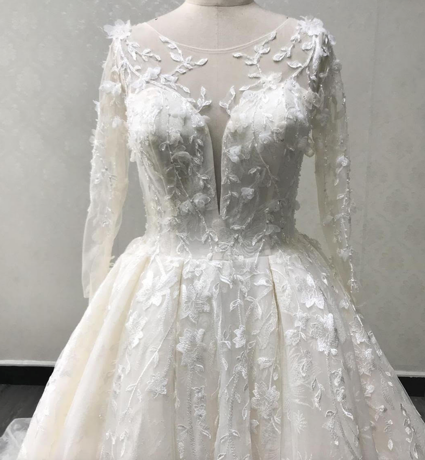 Illusion 3D Lace Pleated Skirt Bridal Gown Long Sleeve Wedding Dress