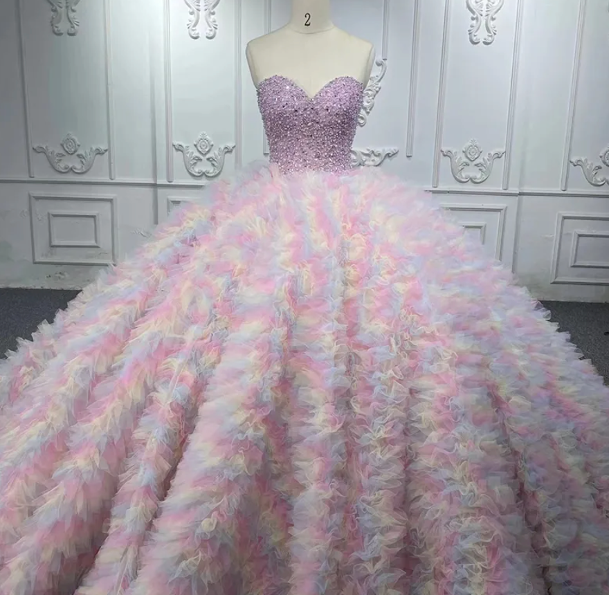 Quinceanera Pink Pastel Rainbow Ball Gown Dress