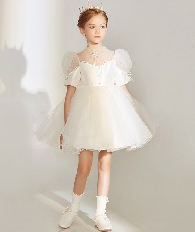 Bow Flower Girl Gown Above Knee Short Sleeve Party Dress