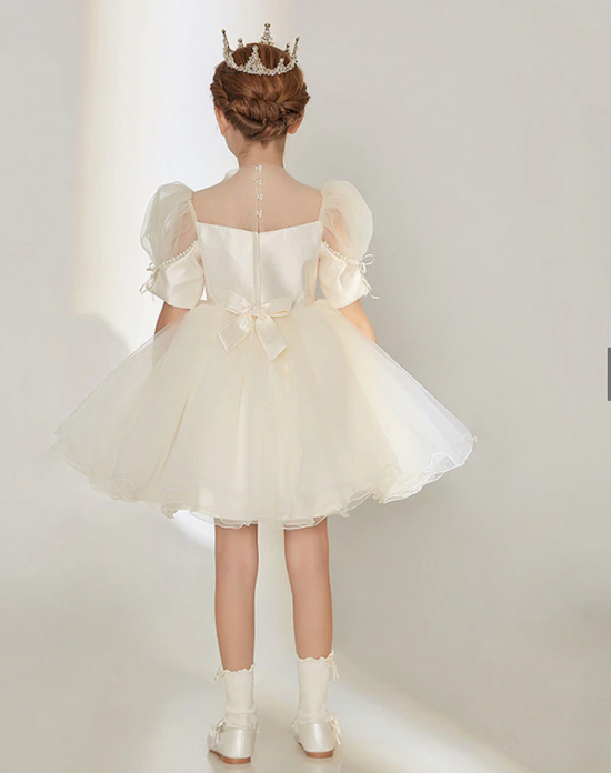 Bow Flower Girl Gown Above Knee Short Sleeve Party Dress