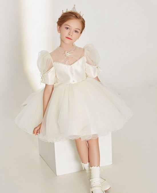Bow Flower Girl Gown Above Knee Short Sleeve Party Dress