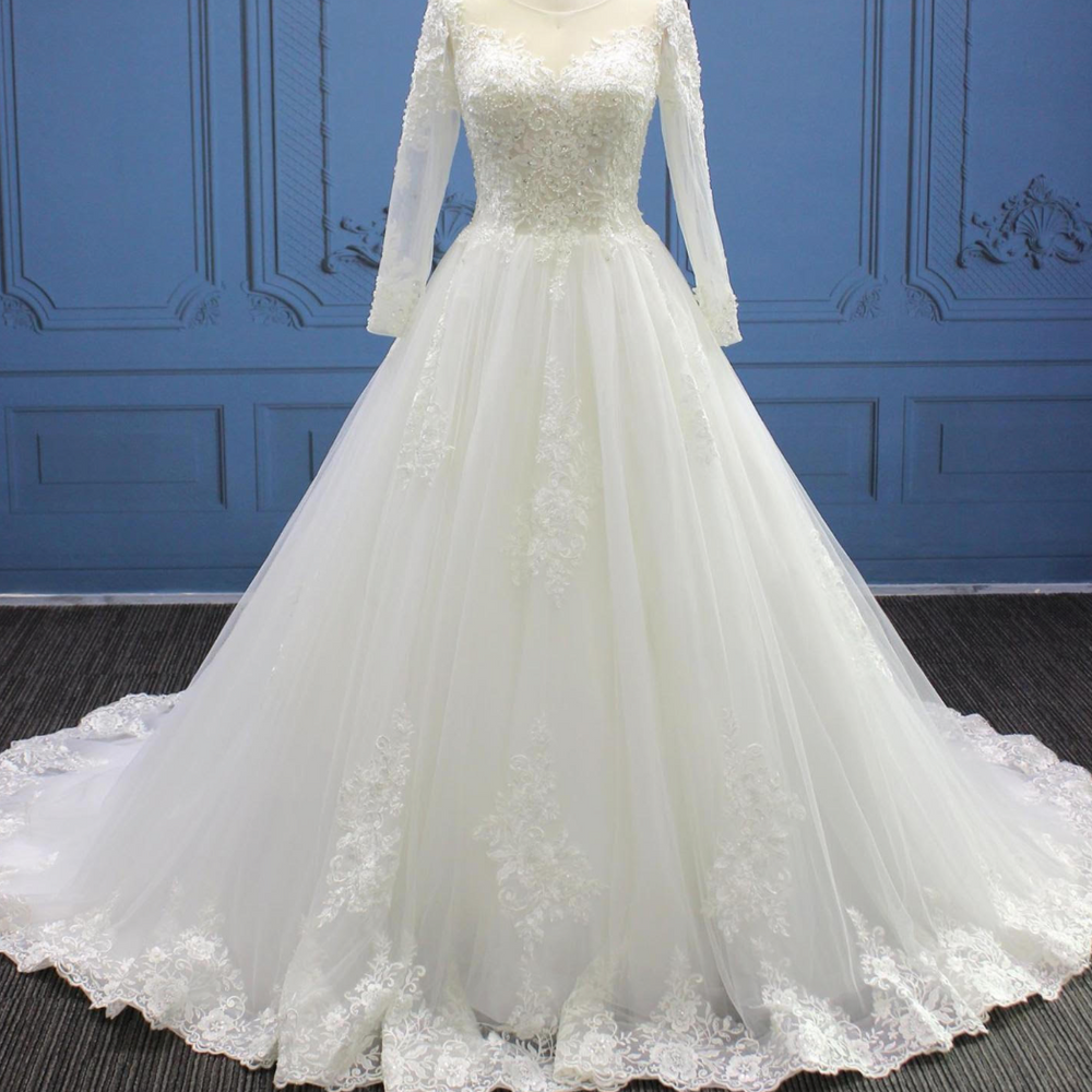 
                      
                        Traditional Lace A Line Sequined Illusion Back Bridal Wedding Gown
                      
                    