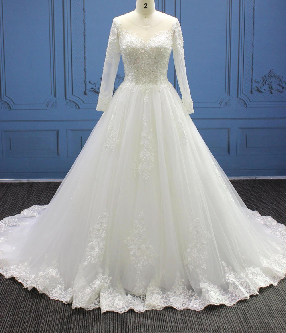 Traditional Lace A Line Sequined Illusion Back Bridal Wedding Gown