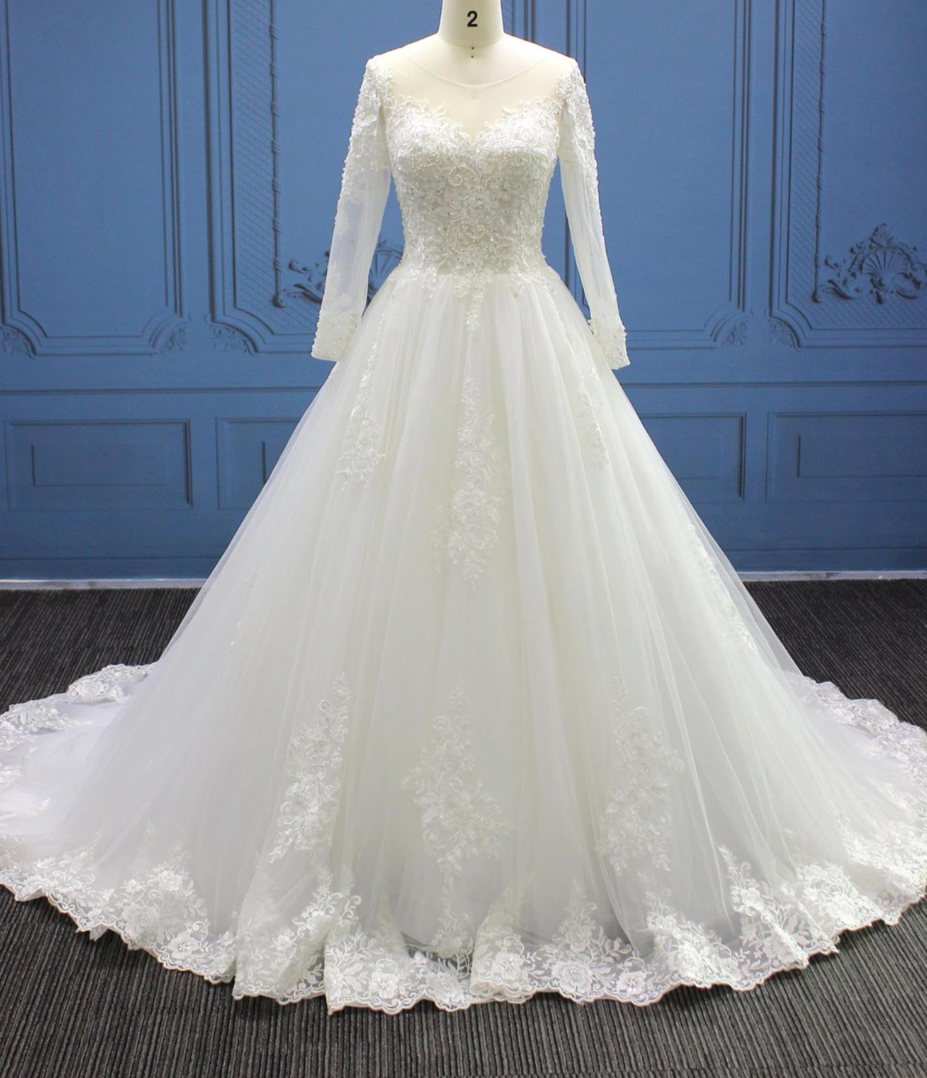 Traditional Lace A Line Sequined Illusion Back Bridal Wedding Gown