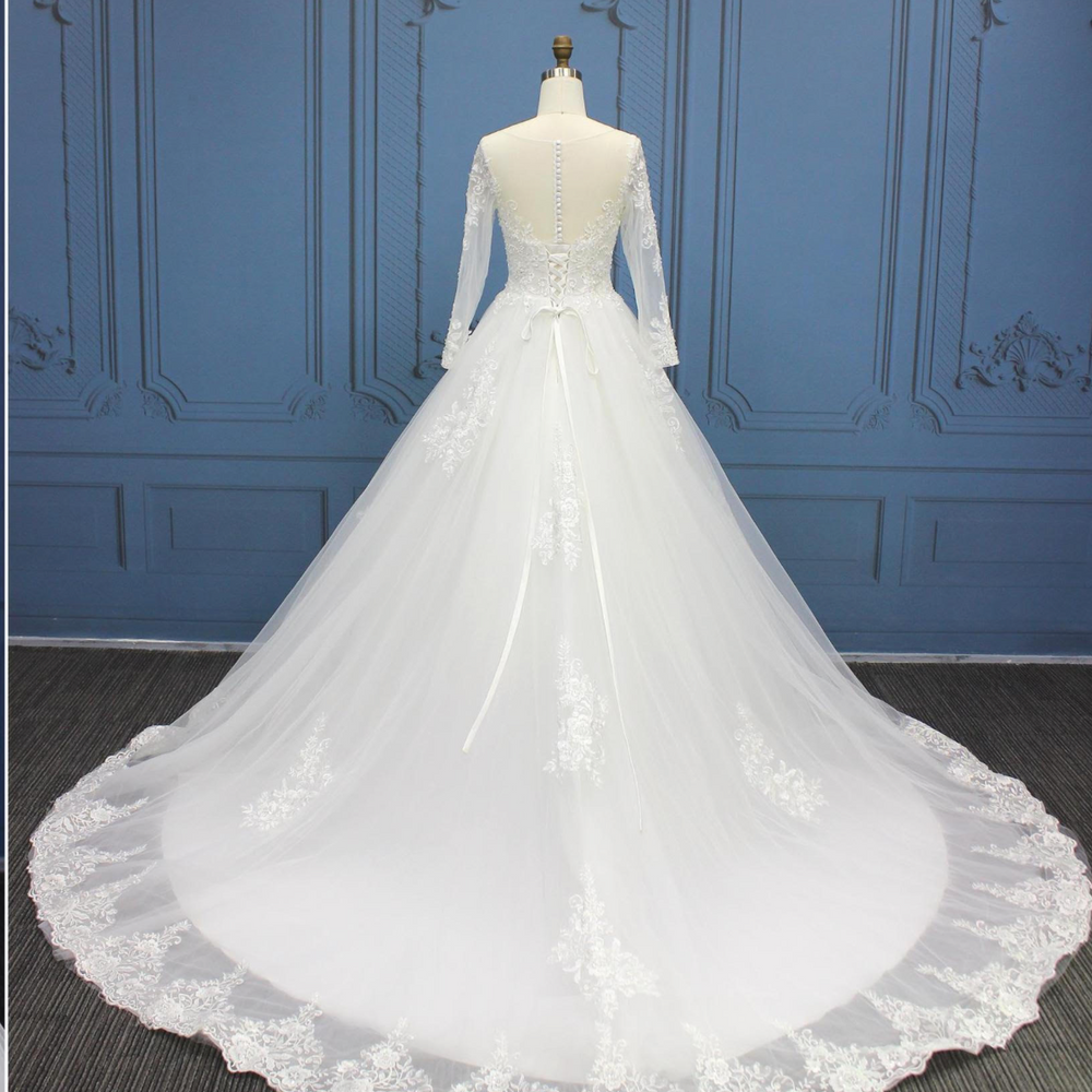 
                      
                        Traditional Lace A Line Sequined Illusion Back Bridal Wedding Gown
                      
                    