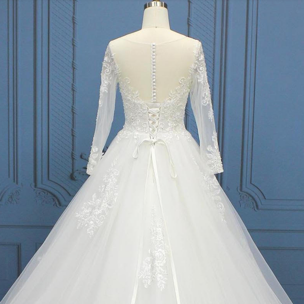 
                      
                        Traditional Lace A Line Sequined Illusion Back Bridal Wedding Gown
                      
                    